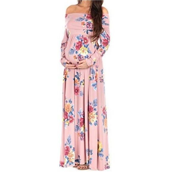 Maternity Maxi Dress Blue Floral Off Shoulder Strapless Empire Waist Long Sleeve - Picture 2 of 11